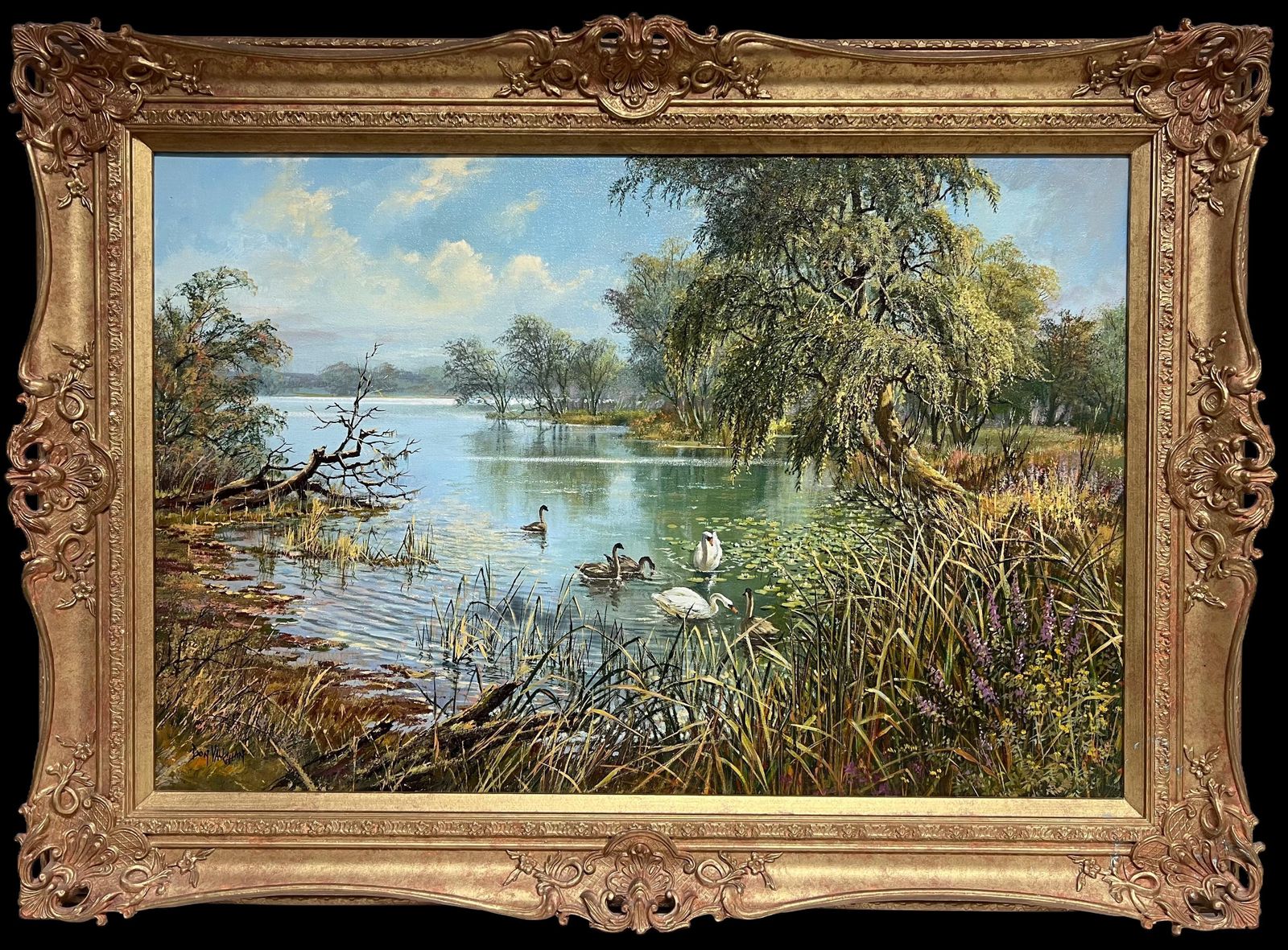 Don Vaughanlarge Traditional English Summer River Landscape Oil Painting Swans Cygnets