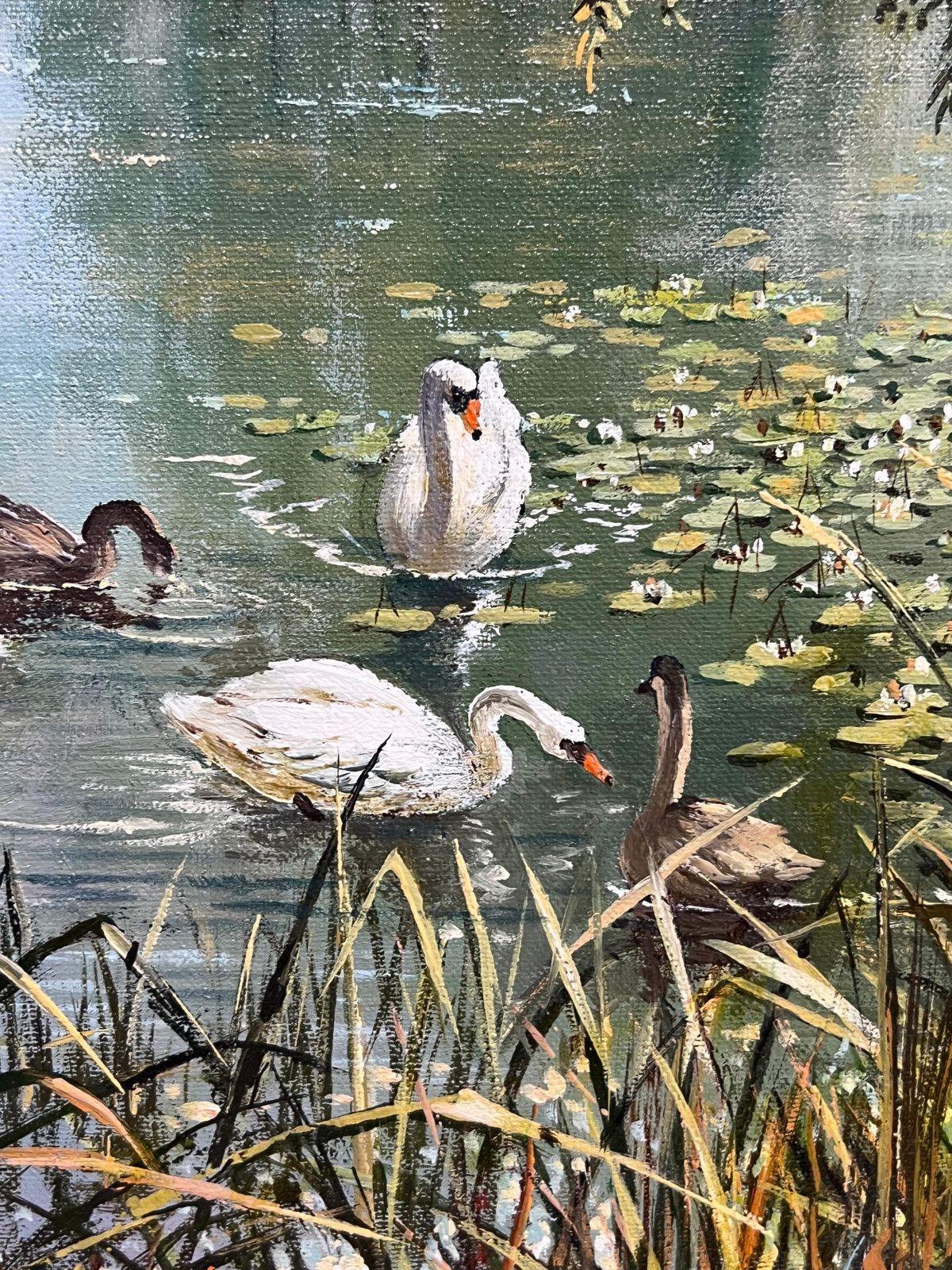 Don Vaughanlarge Traditional English Summer River Landscape Oil Painting Swans Cygnets photo vinterior