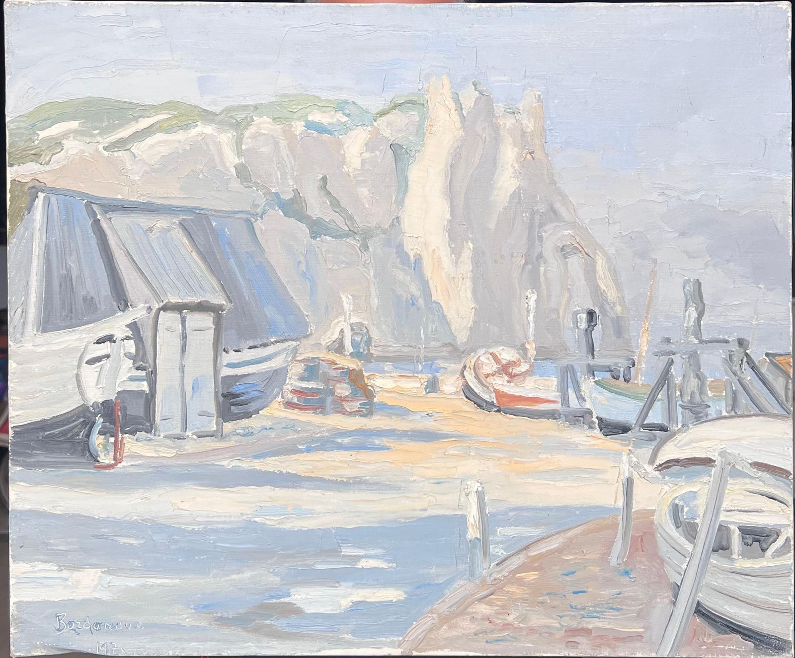 Georges Bordonovemisty Grey Boats Resting At The Still Harbour French Impressionist Oil Painting1970 photo furniture