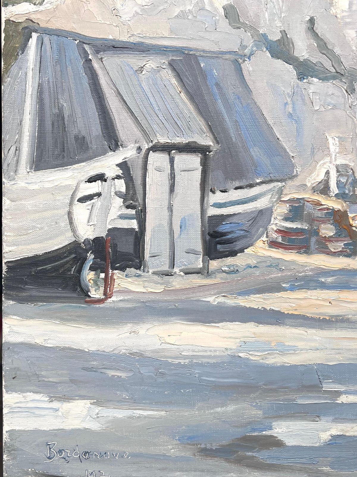 Georges Bordonovemisty Grey Boats Resting At The Still Harbour French Impressionist Oil Painting1970 photo 765.0