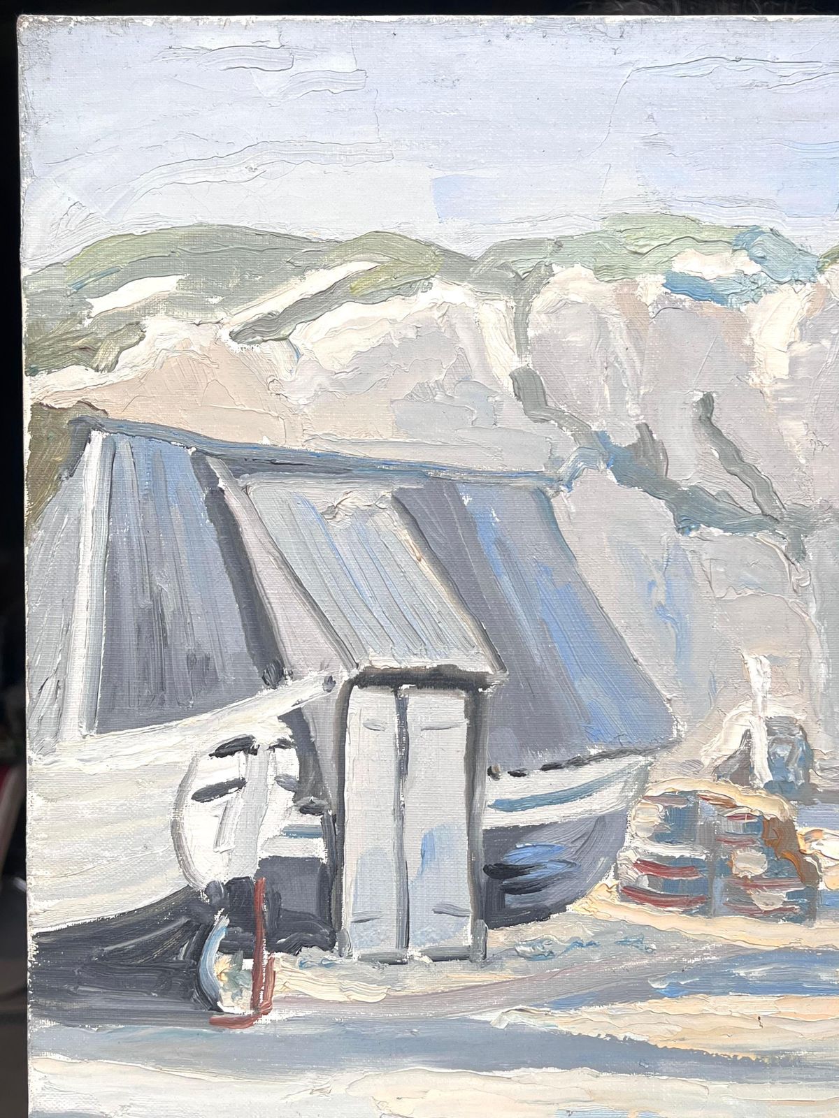 Georges Bordonovemisty Grey Boats Resting At The Still Harbour French Impressionist Oil Painting1970 photo vinterior