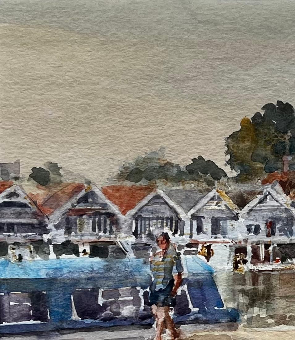 Anthony Herberthenley Boathouses With Walkers And River Boats Original Thames Watercolour photo vinterior