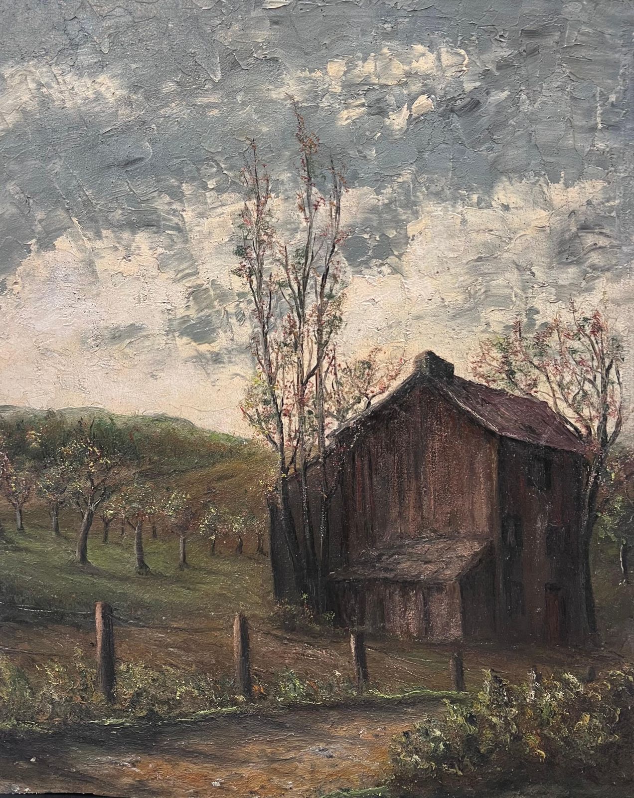 Jean Fouriebrown Wooden Chalet Hut In Olive Grove Field Landscape Oil Painting