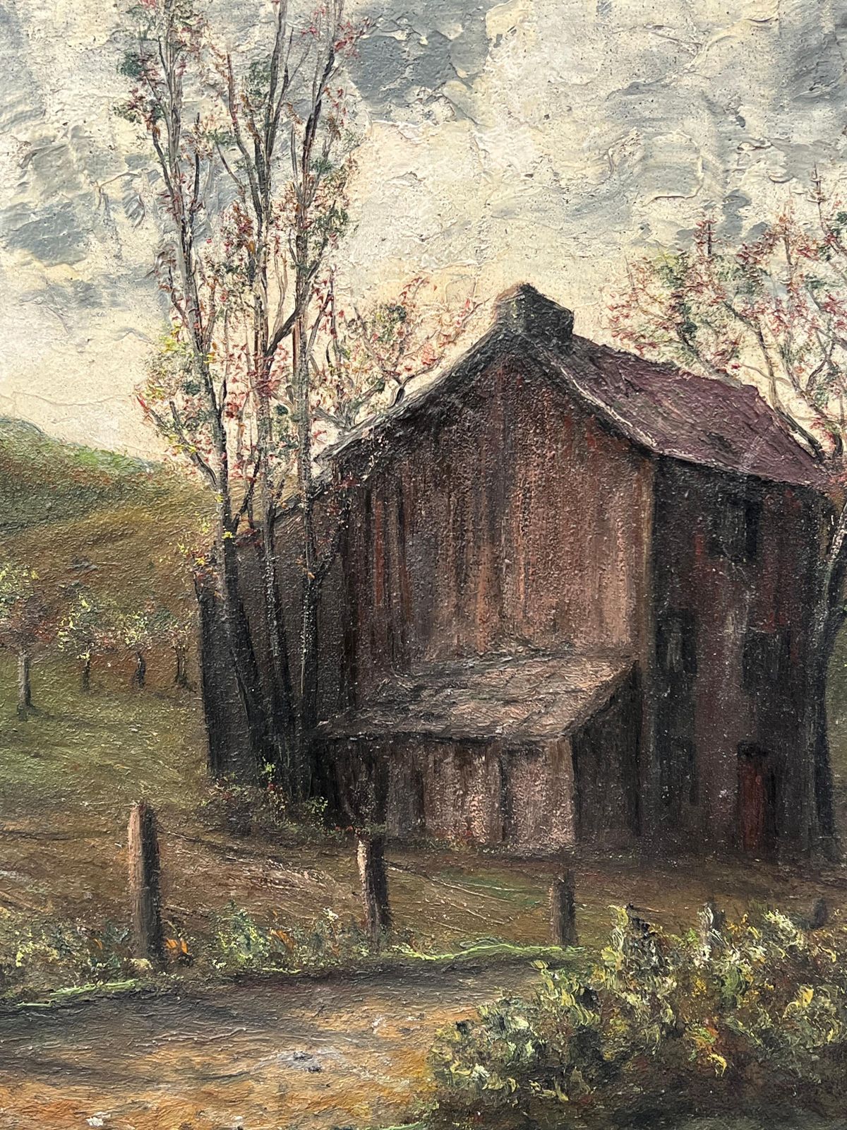 Jean Fouriebrown Wooden Chalet Hut In Olive Grove Field Landscape Oil Painting photo for sale