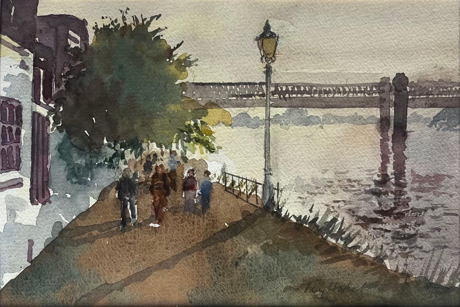 Anthony Herbertstrand On The Green Thames Riverside Walk With Figures And Footbridge