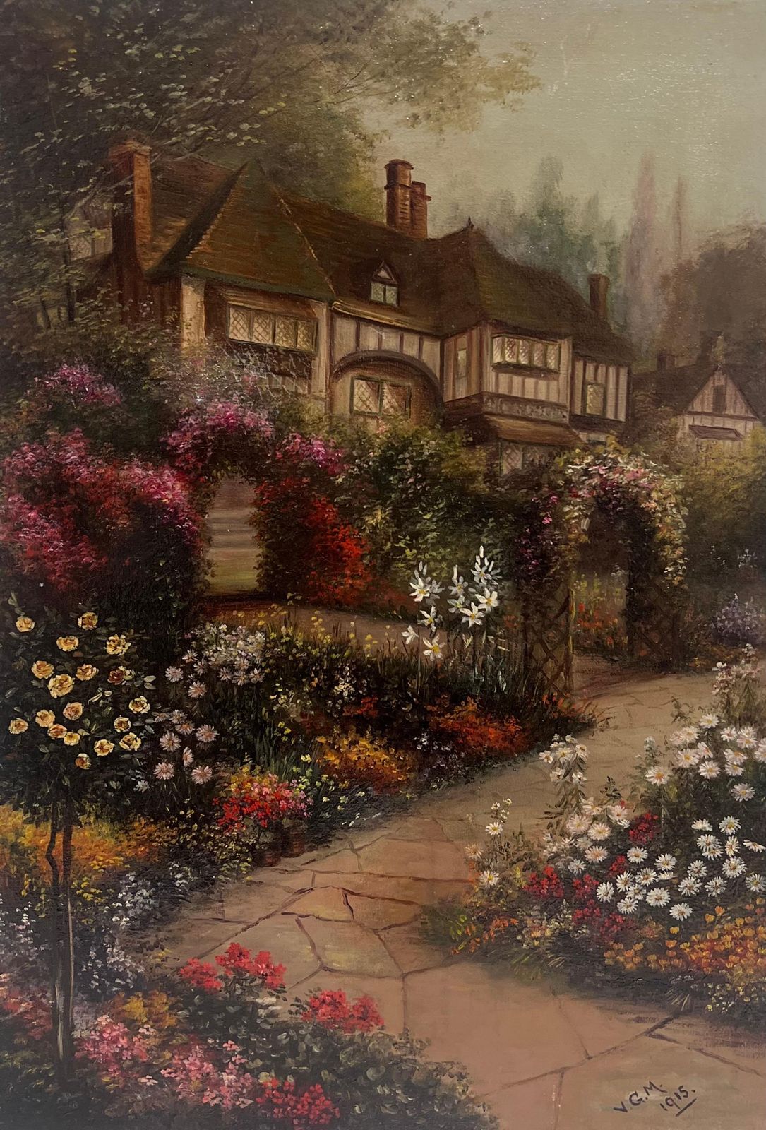 Early 20th Century English Schoolantique English Oil Painting Old Tudor House And Flower Garden Twilight Dusk1915