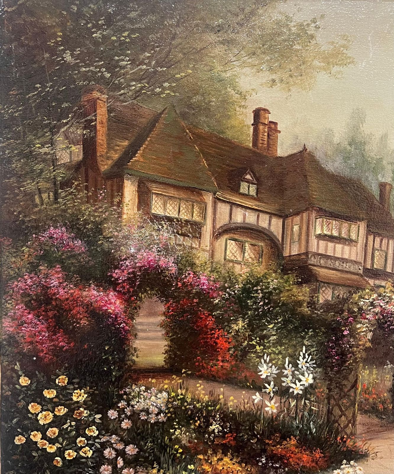 Early 20th Century English Schoolantique English Oil Painting Old Tudor House And Flower Garden Twilight Dusk1915 photo Art