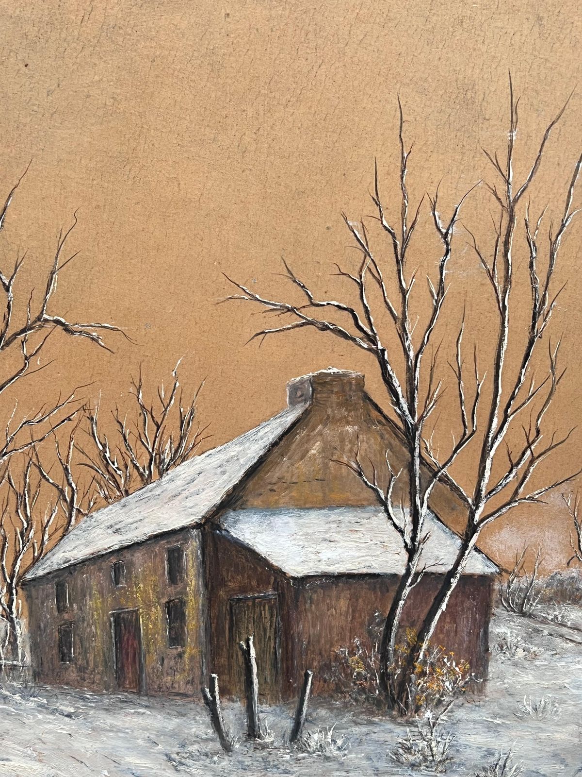 Jean Fouriesnow Covered Cottage In Bare Tree Snow Woodland Field Oil Landscape Painting photo for sale