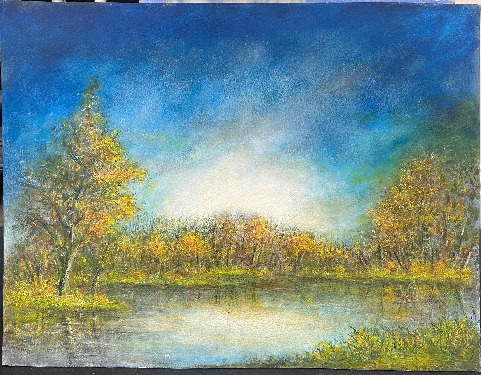 Jean Fouriegolden Tree Lake Reflections Of The Bright Blue Sky Oil Landscape Painting photo furniture