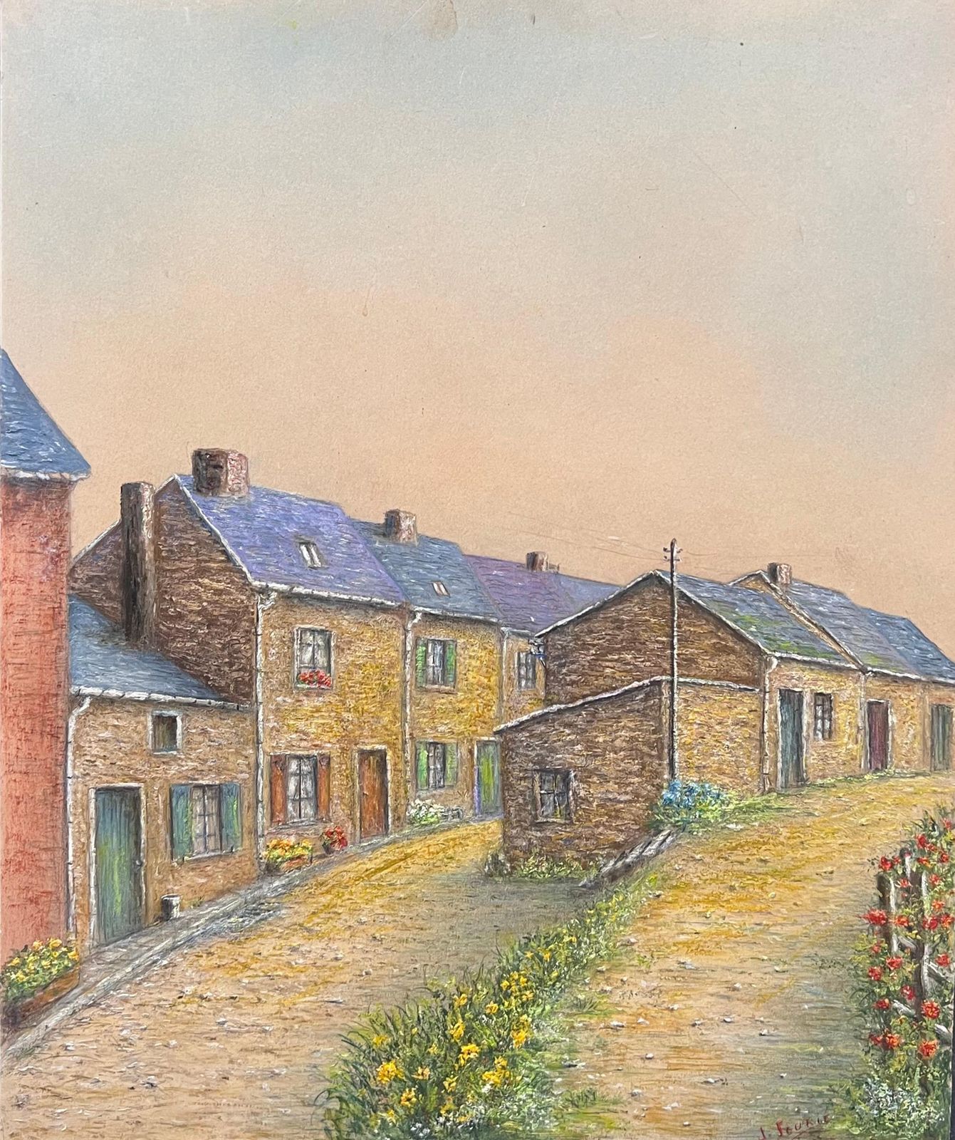 Jean Fourievillage Street Of Tight Packed Cottages Oil Landscape Painting