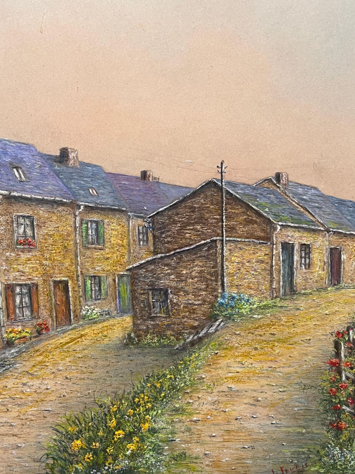 Jean Fourievillage Street Of Tight Packed Cottages Oil Landscape Painting photo vintage