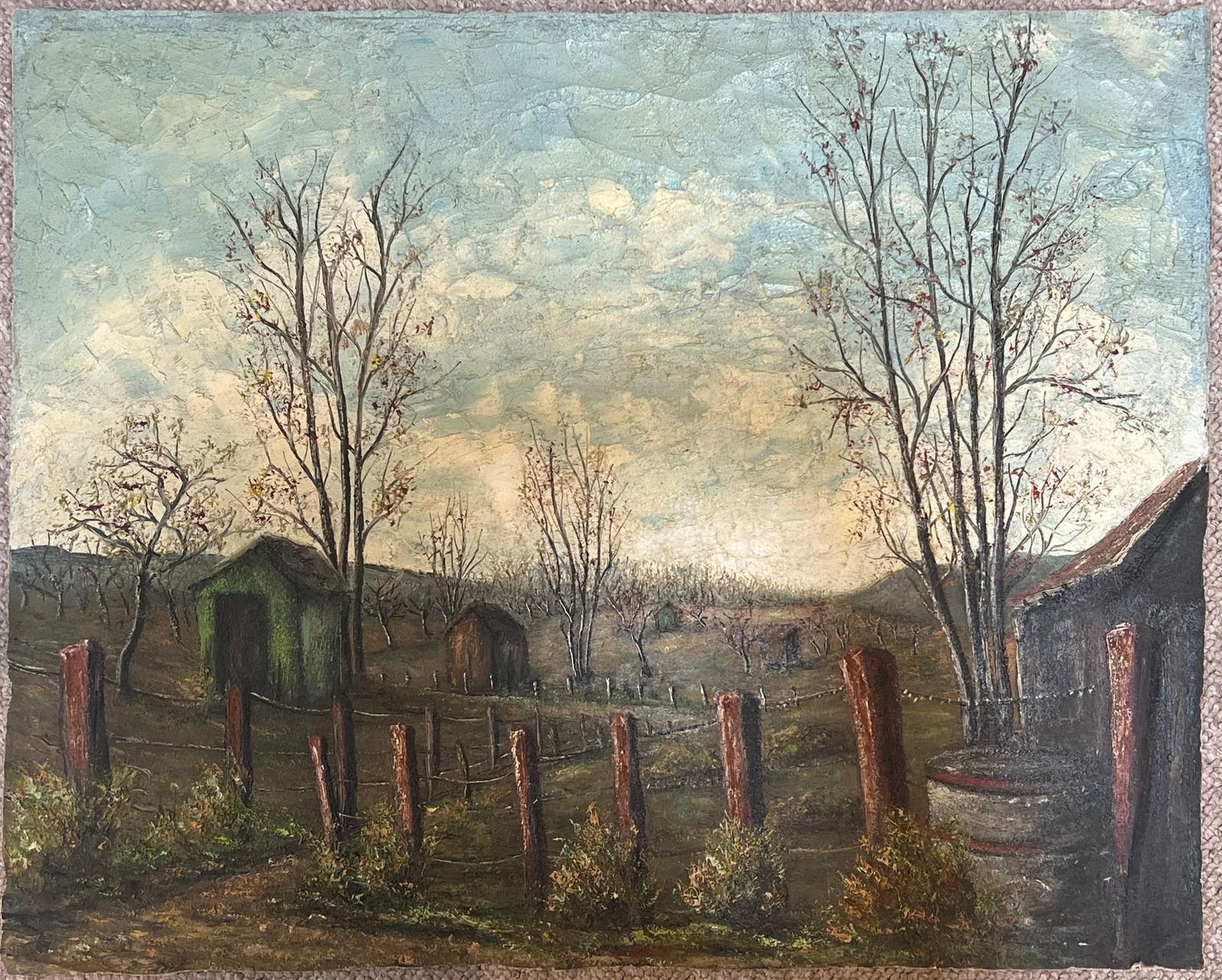 Jean Fouriefarmers Sheds In Fenced Off Farm Field Oil Landscape Painting photo furniture