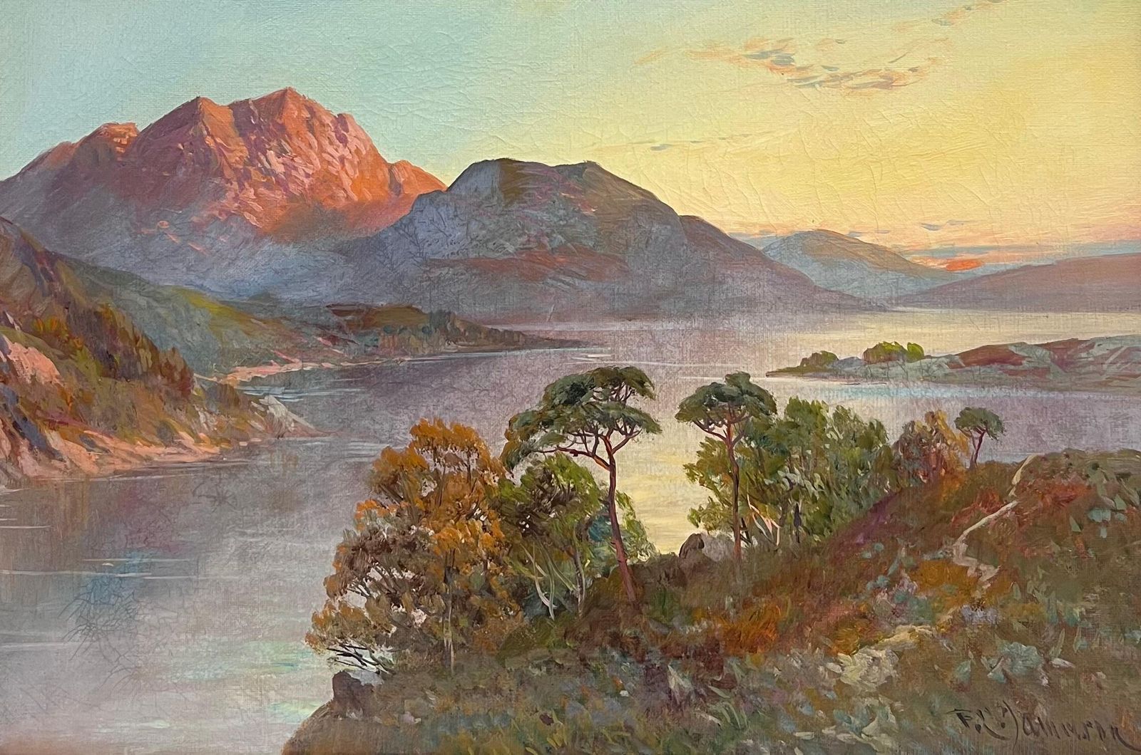 F. E. Jamiesonantique Scottish Highlands Oil Painting Sunset Over Highland Loch Lomond1920's photo furniture