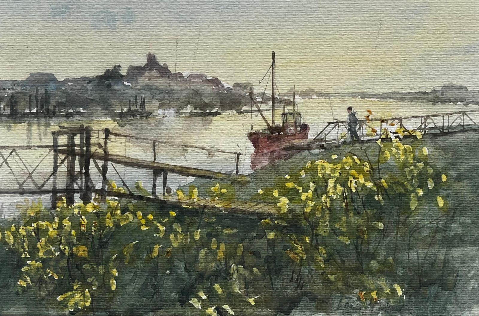 Anthony Herbertriver Jetty With Red Fishing Boat And Wildflowers British Coastal Landscape