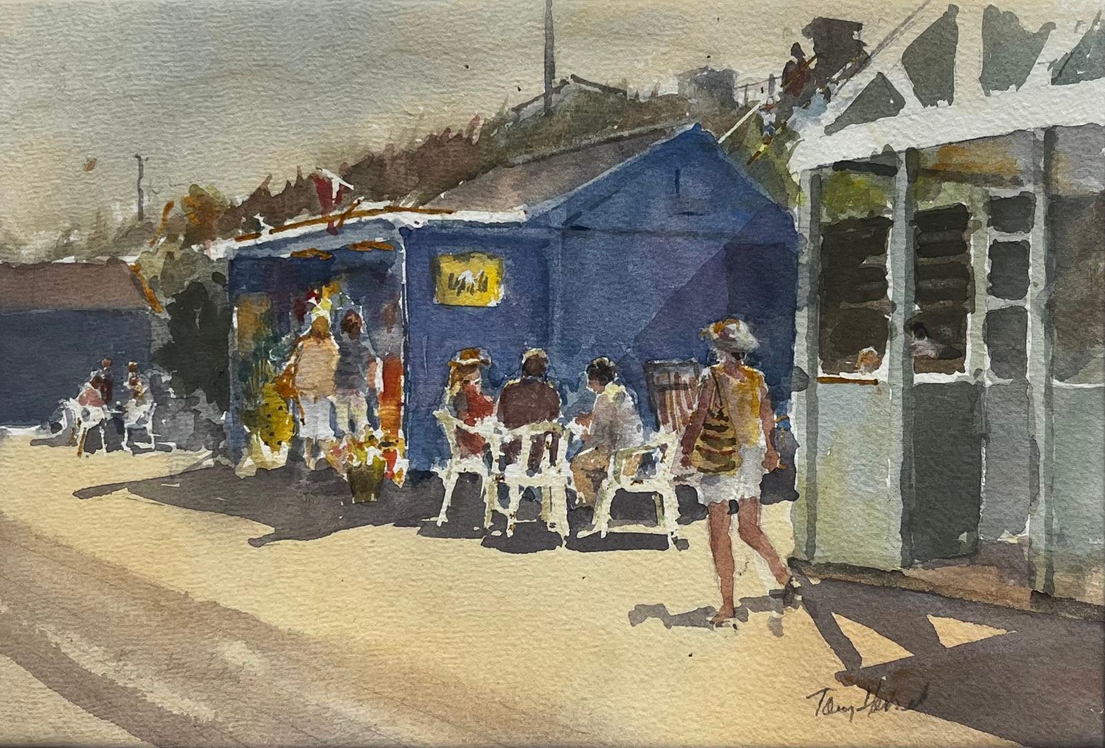 Anthony Herbertseaside Ice Cream Kiosk With Holidaymakers In Sun Hats British Watercolour