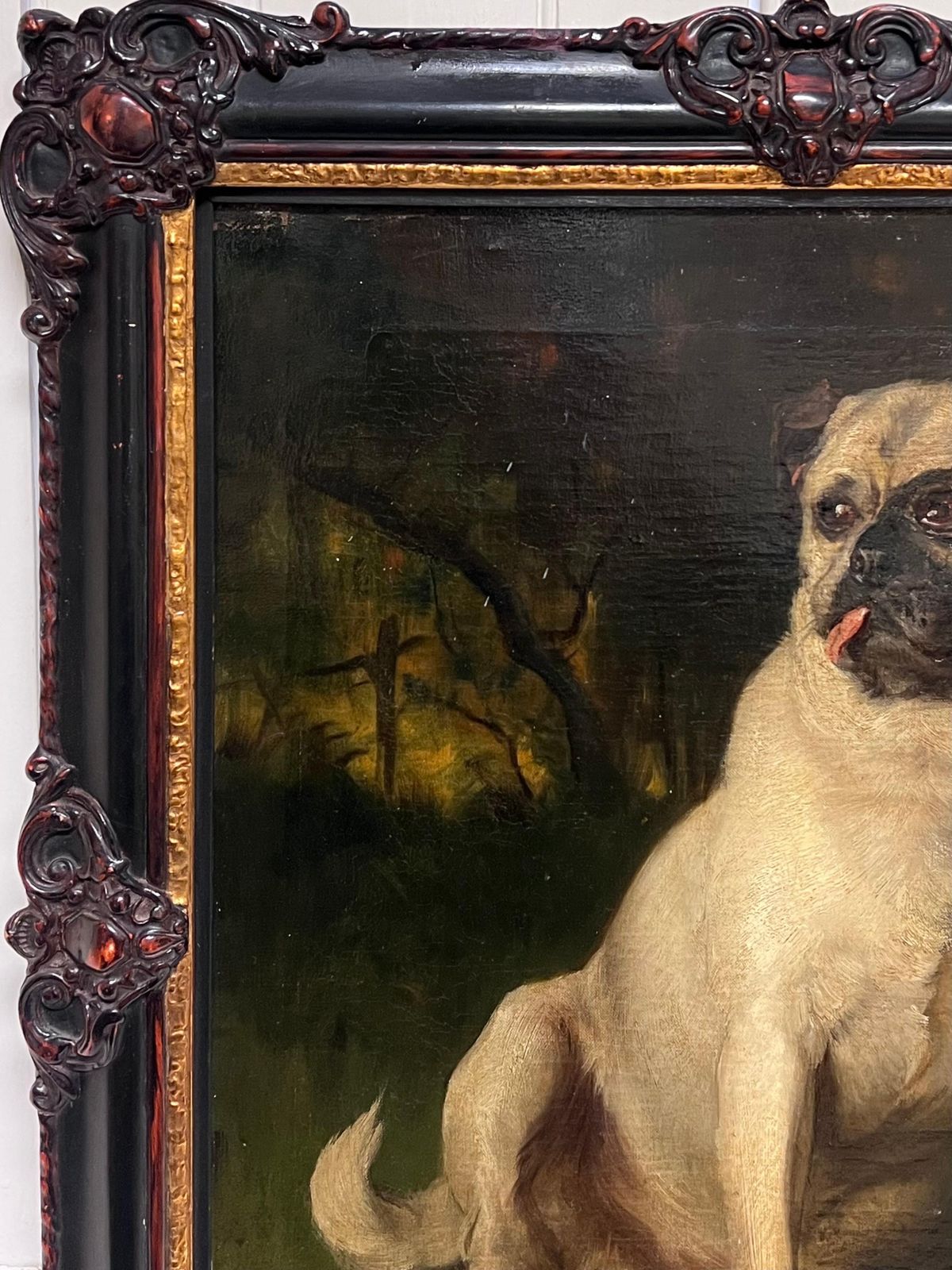French School Fine 19th Century French Dog Oil Painting Portrait Of A Pug In Wooded Landscape photo 2443.0