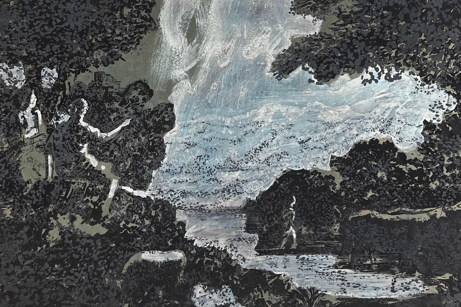 Robert Ladoufigure Pointing At The Waterfall Flowing Stream Original French Artwork20th Century photo vinterior