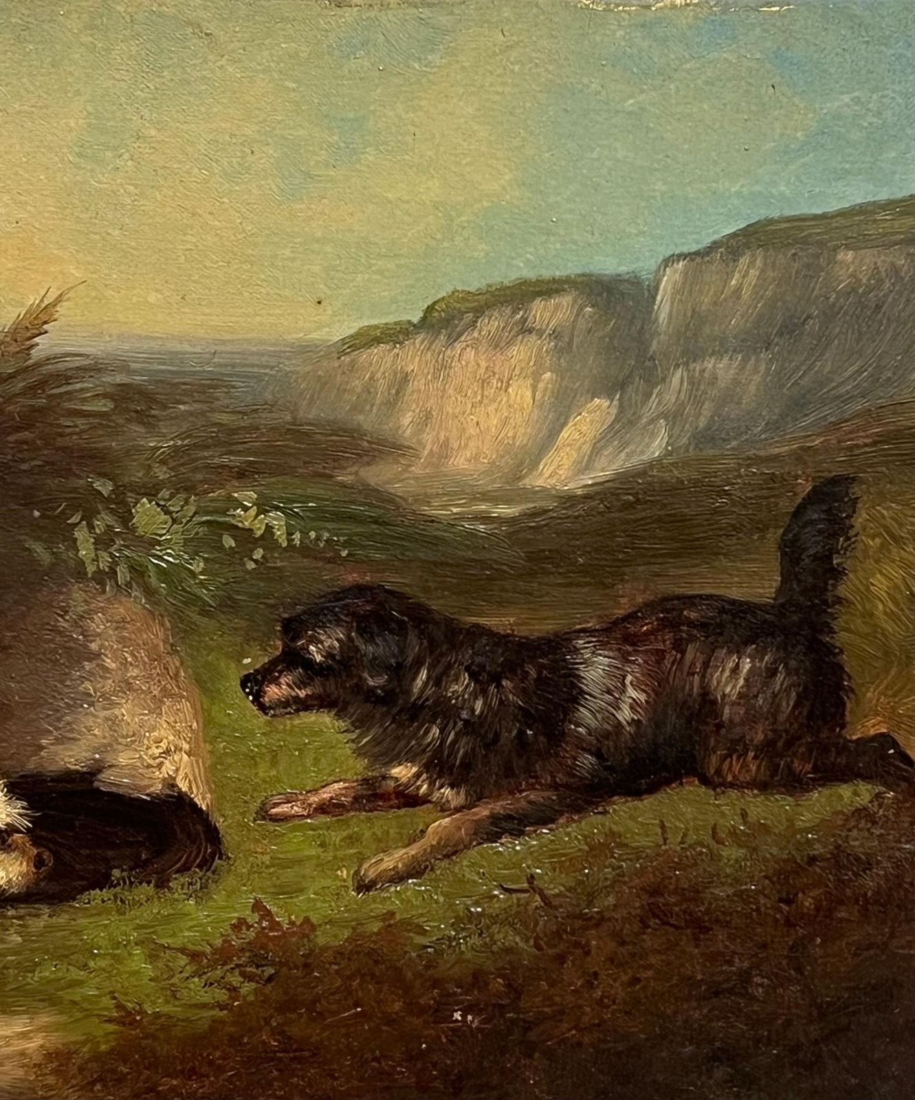 Fine Victorian English Oil Painting Three Terrier Dogs Highland Rabbit Hole photo vintage