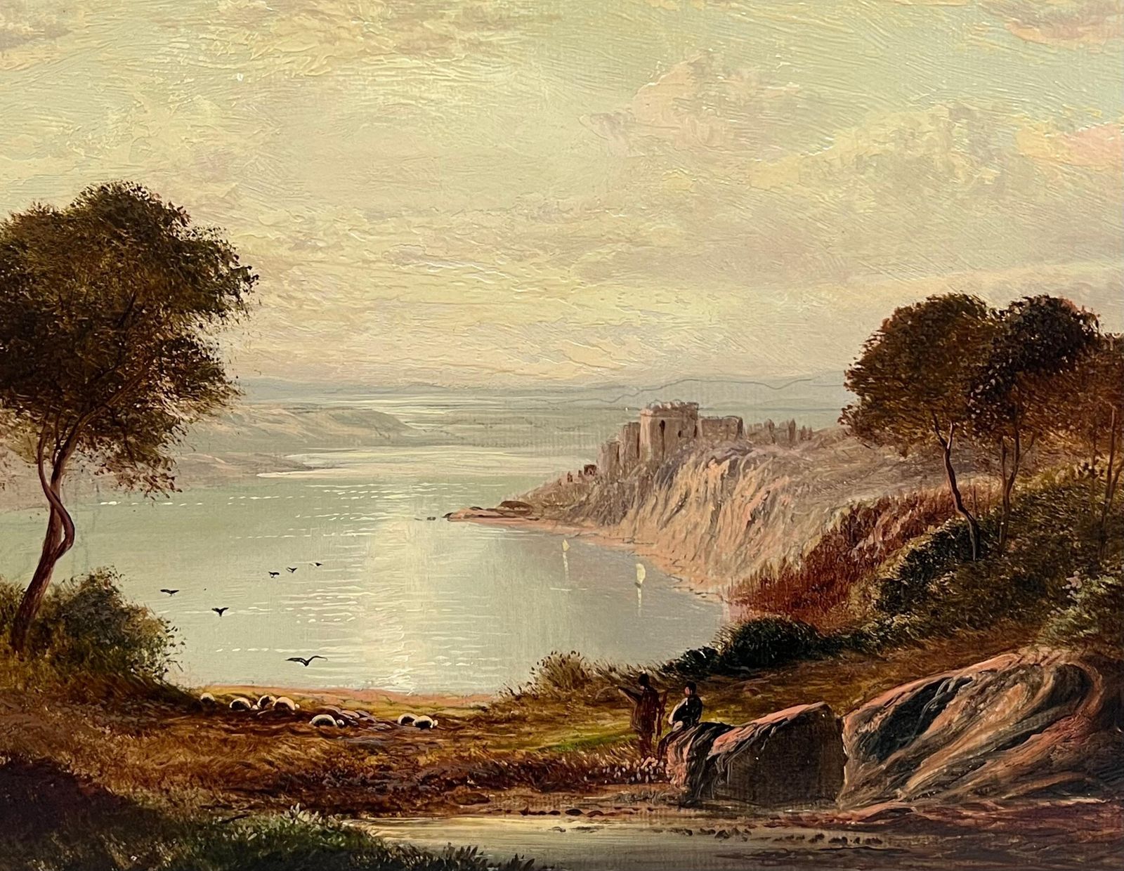 Charles Lesliefine Victorian Scottish Highlands Panoramic Loch Landscape With Figures Signed1883 photo vintage