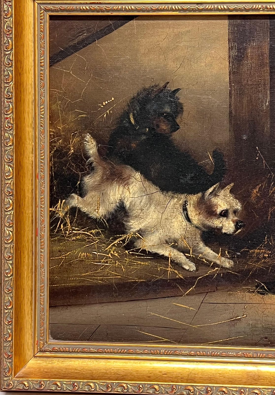 Frank Cassellfine Victorian Dog Oil Painting Terriers Chasing Rat In Barn Stable Interior photo Art