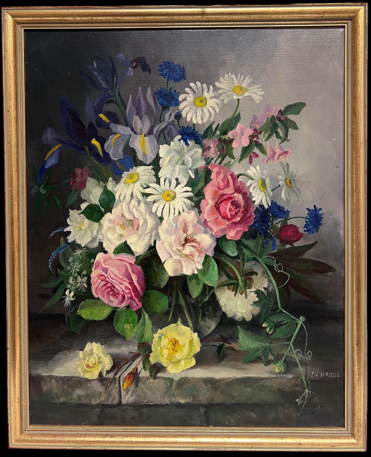 1950's English Schoolbritish Mid 20th Century Still Life Roses Ornate Display Signed Oil Painting1950's