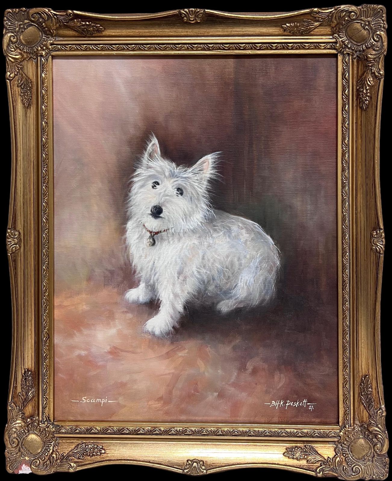British Schoolportrait Of Scruffy White West Highland Terrier Dog Signed English Oil Painting