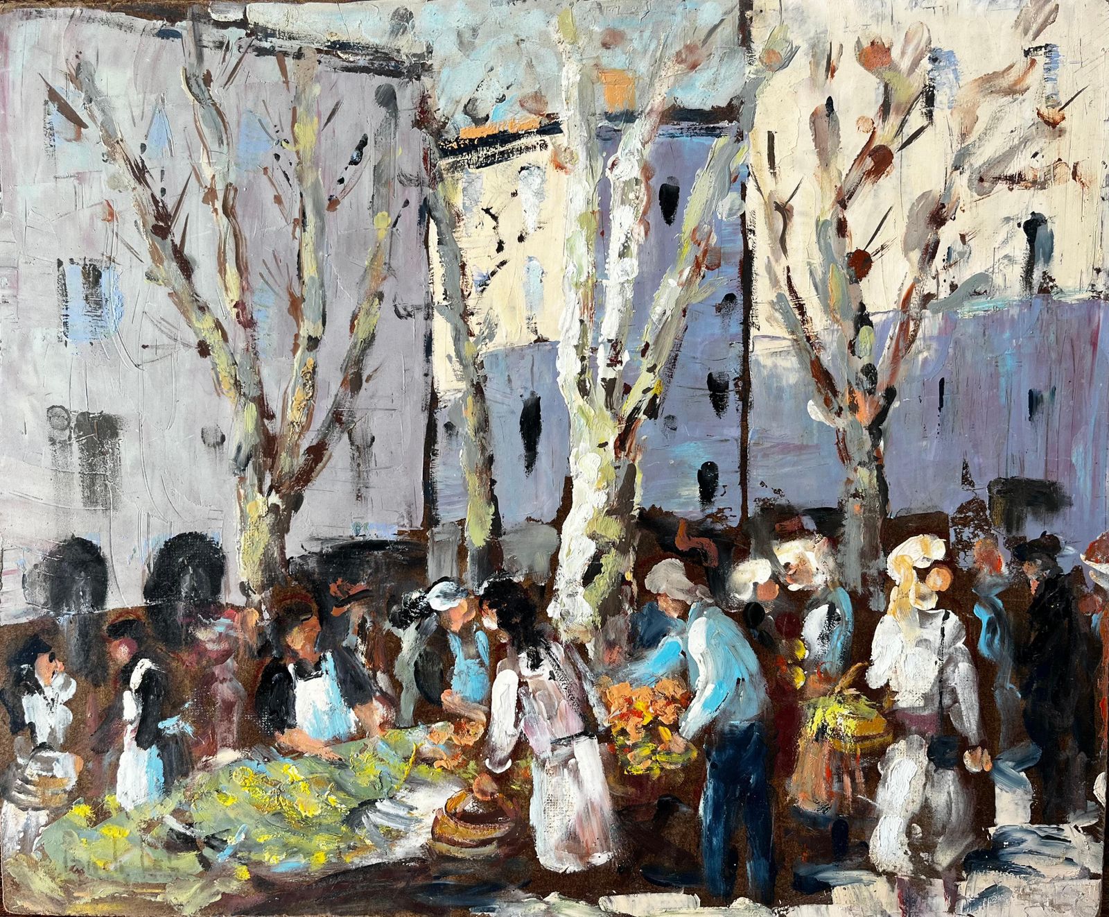 Fanch Lelfrench Market Scene Aix En Provence Trees Figures And Flowers 1989 Painting1989