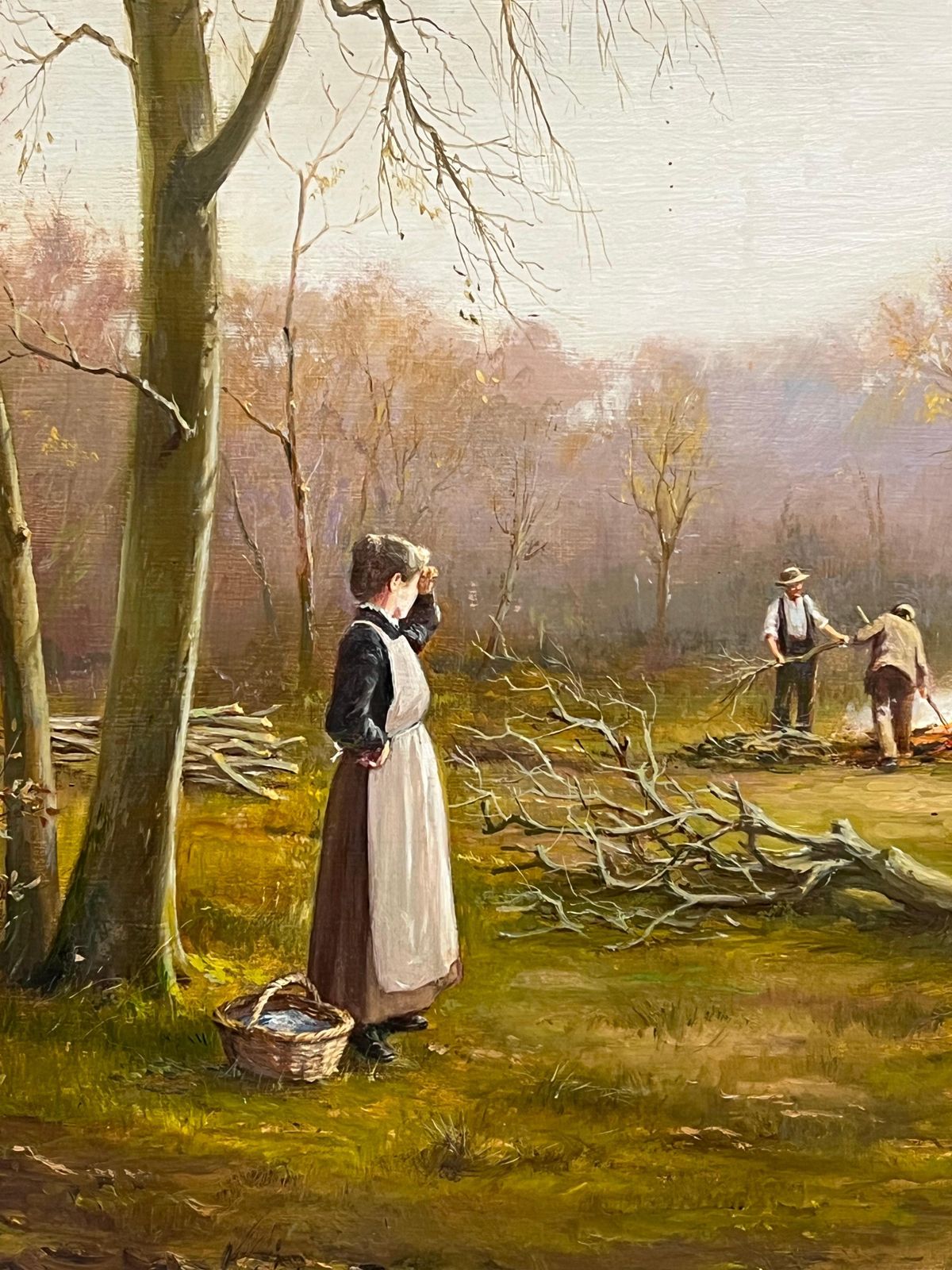 969.0 Antique English Schoollady In Woods With Logging Team Gatherin Firewood Fine English Oil Painting photo