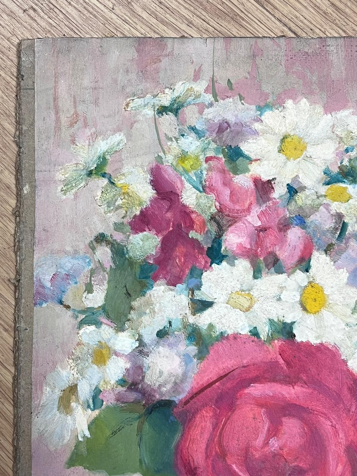 Louise Alix1930's French Impressionist Signed Oil Painting Roses & Daisies In Glass Vase1940's photo for sale
