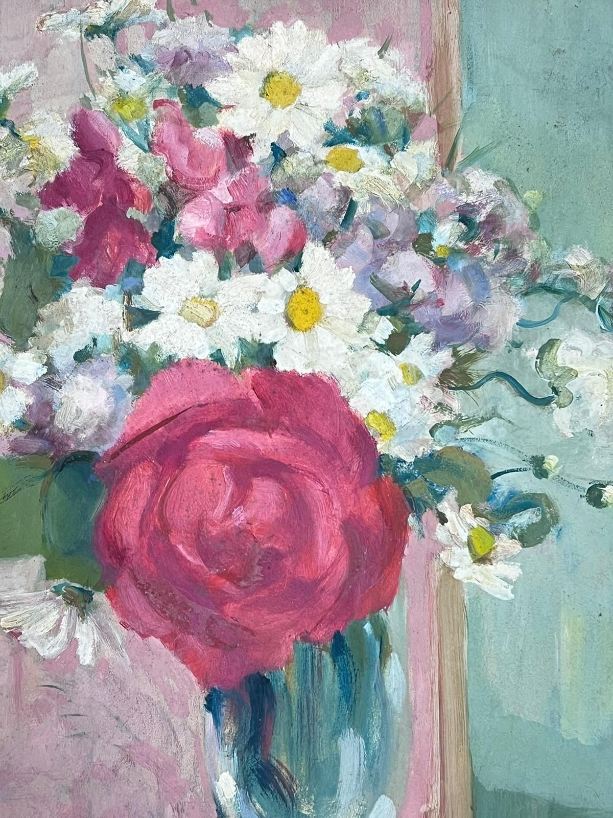 Louise Alix1930's French Impressionist Signed Oil Painting Roses & Daisies In Glass Vase1940's photo 606.0