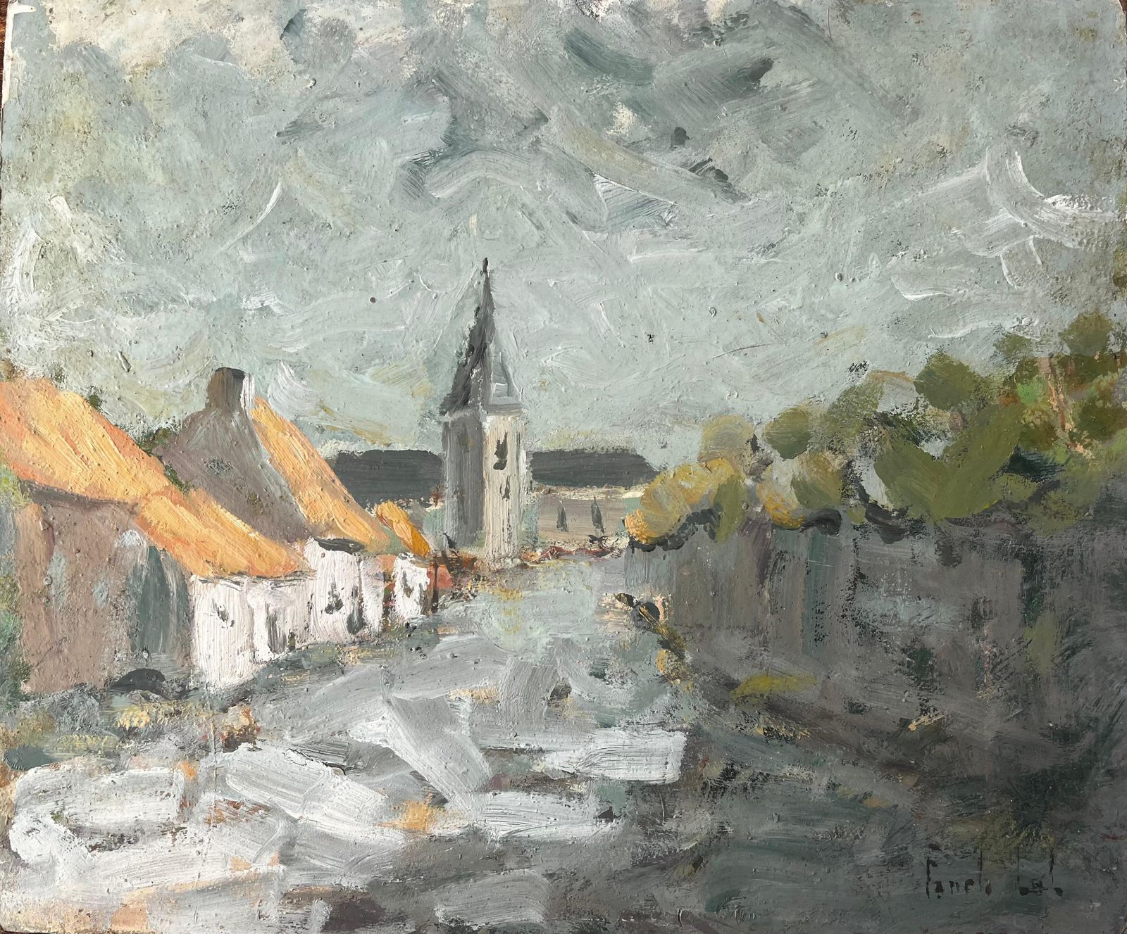 Fanch Lelimpressionist French Village Scene With Church And Thatched Cottages