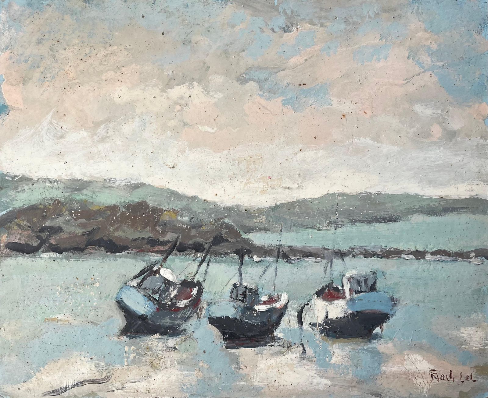 Fanch Lelfrench Coastal Scene With Beached Fishing Boats And Rolling Hills
