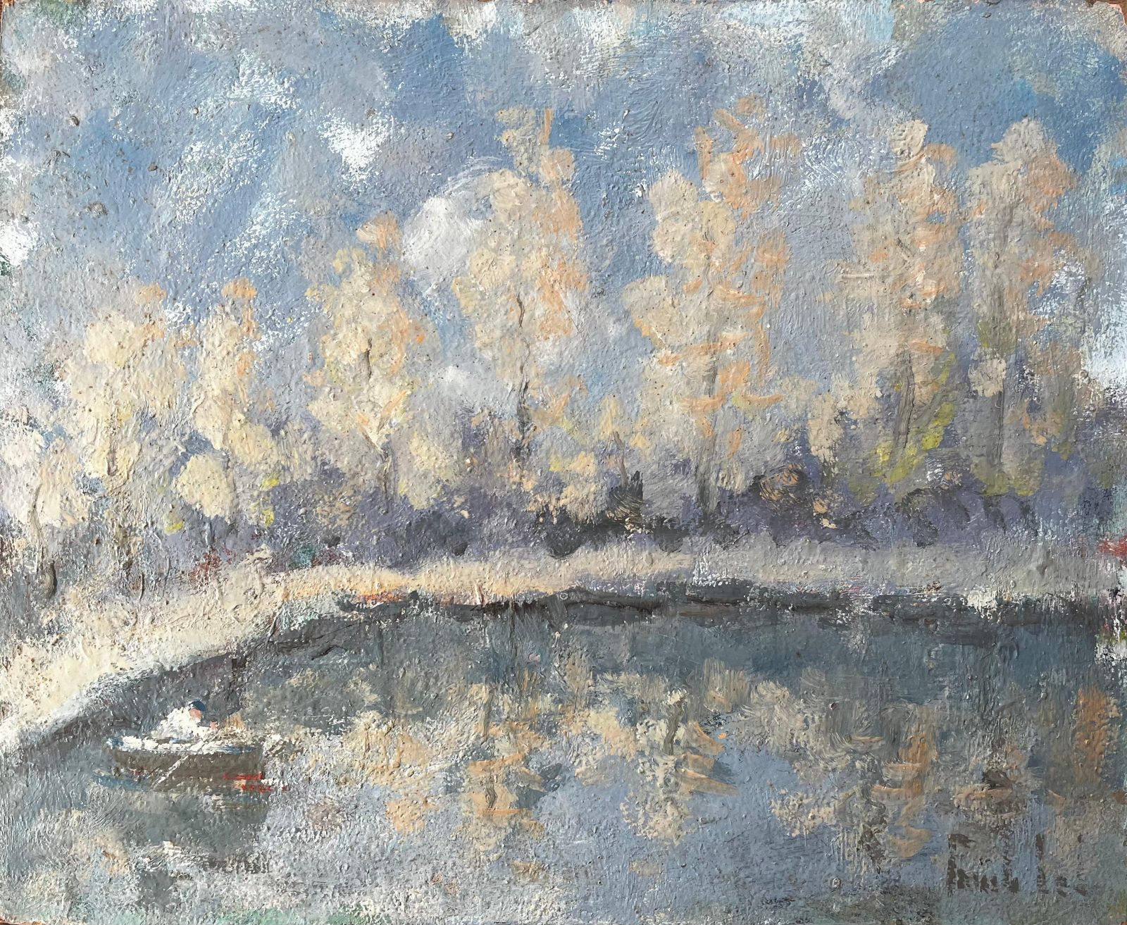 Fanch Lelfrench Autumn River Scene With Fisherman And Reflected Poplar Trees