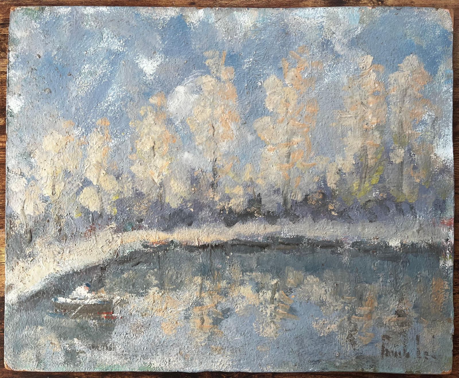 Fanch Lelfrench Autumn River Scene With Fisherman And Reflected Poplar Trees photo furniture