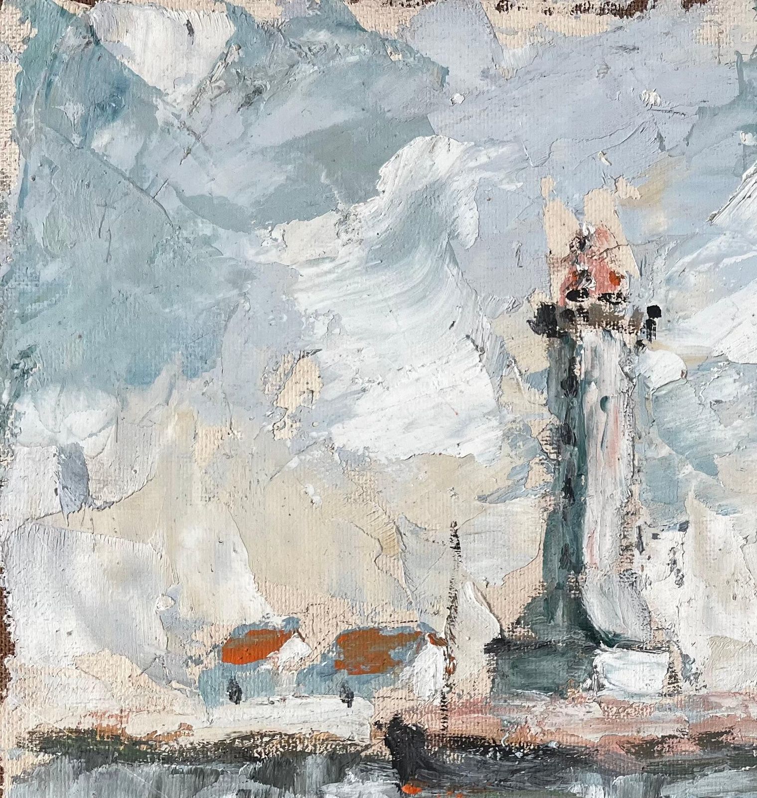 Fanch Lelfrench Coastal Lighthouse Scene With Boats Cottages And Sky Oil Painting photo for sale