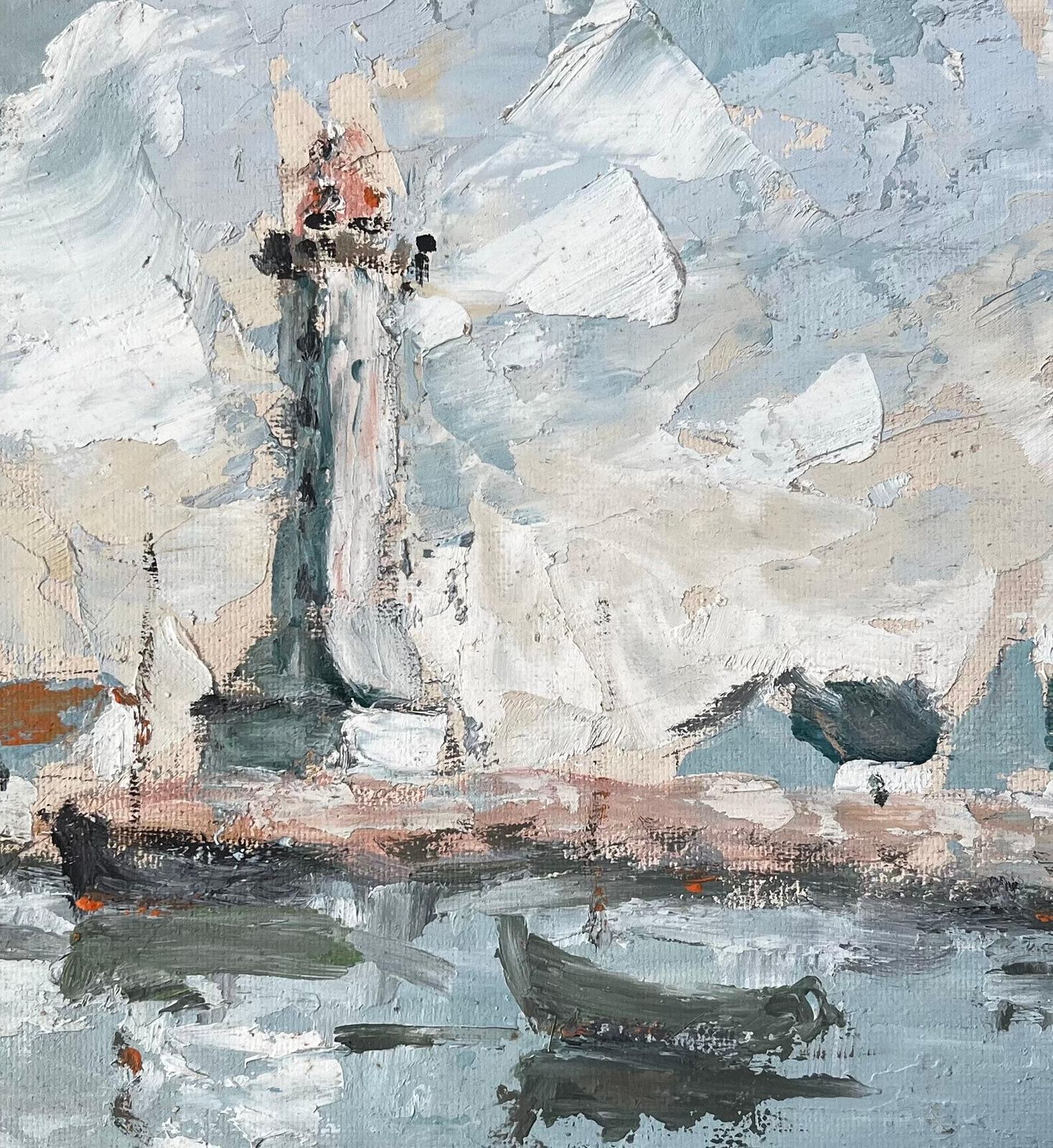 Fanch Lelfrench Coastal Lighthouse Scene With Boats Cottages And Sky Oil Painting photo vinterior