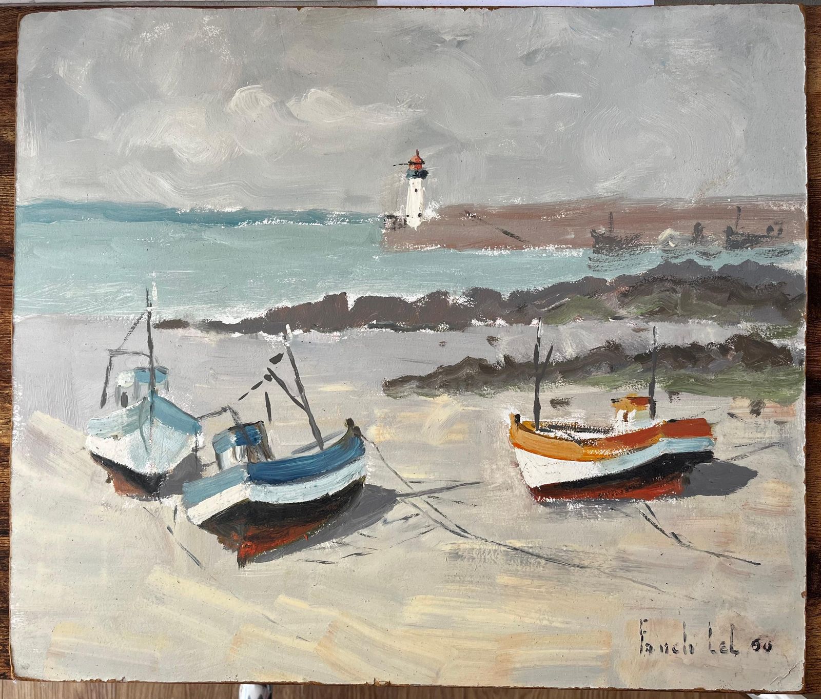 Fanch Lelfishing Boats On French Beach With Lighthouse And Sea Coastal Marine1990 photo furniture