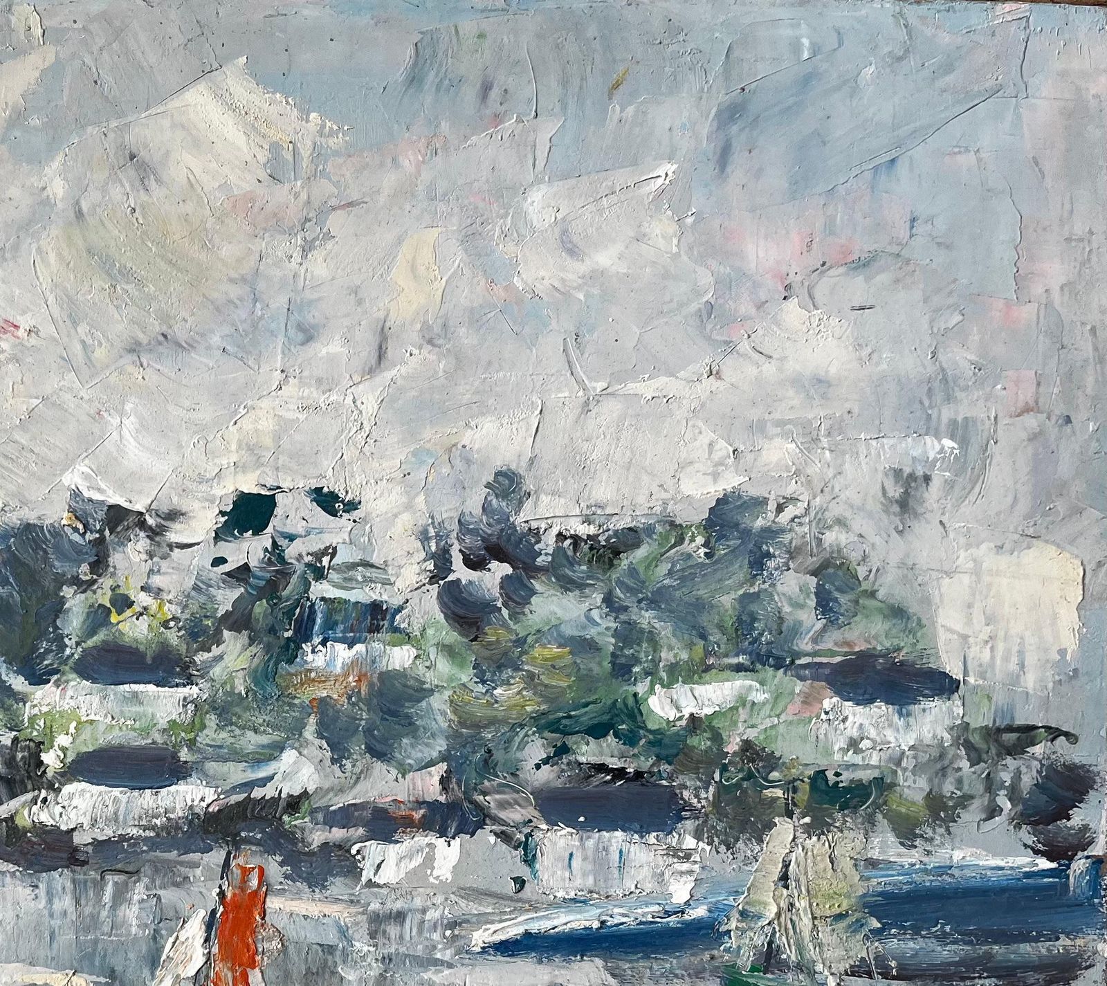 Fanch Lelfrench Coastal Harbour Scene With Sailboats And Reflections Mid Century Painting photo vinterior