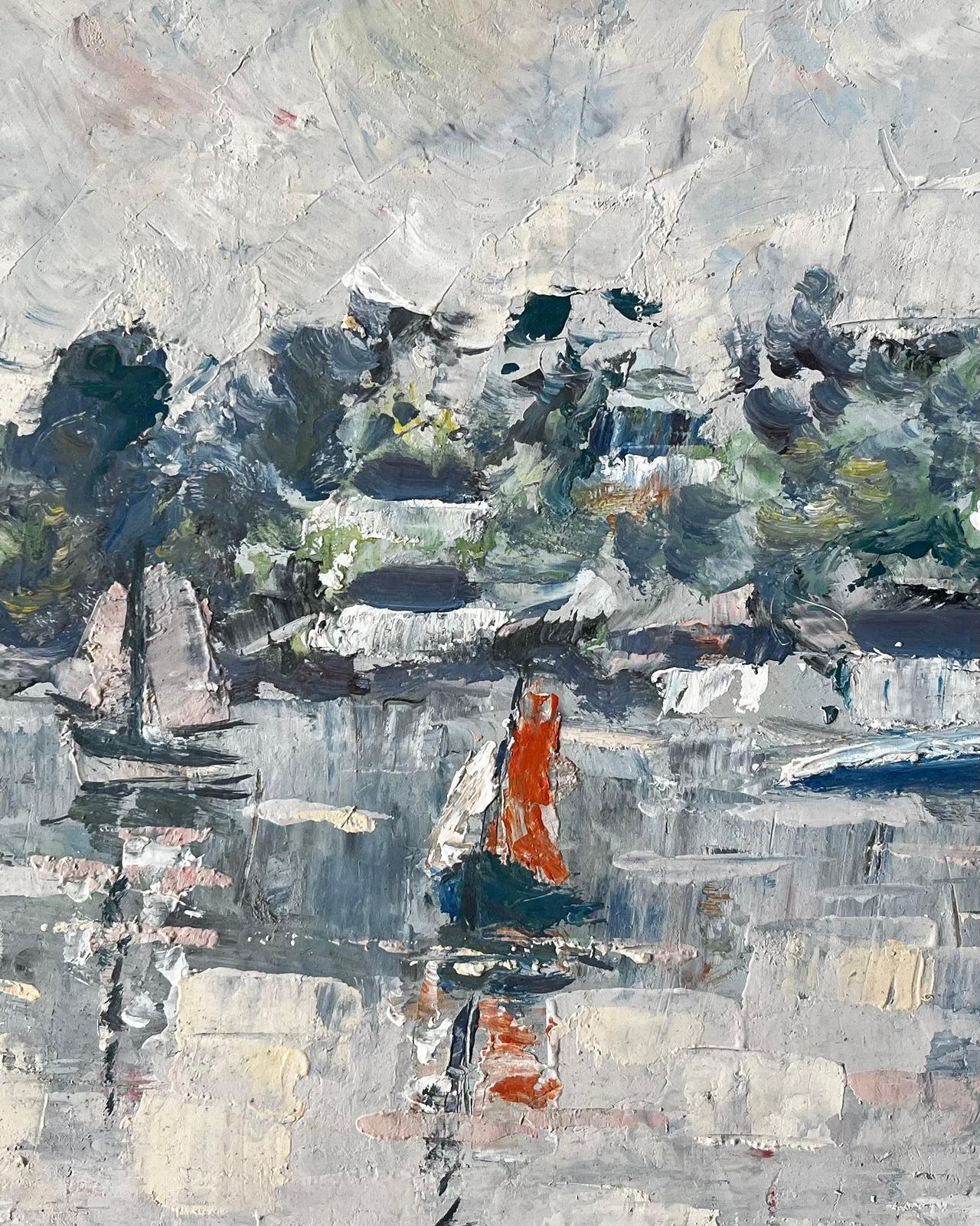Fanch Lelfrench Coastal Harbour Scene With Sailboats And Reflections Mid Century Painting photo buy