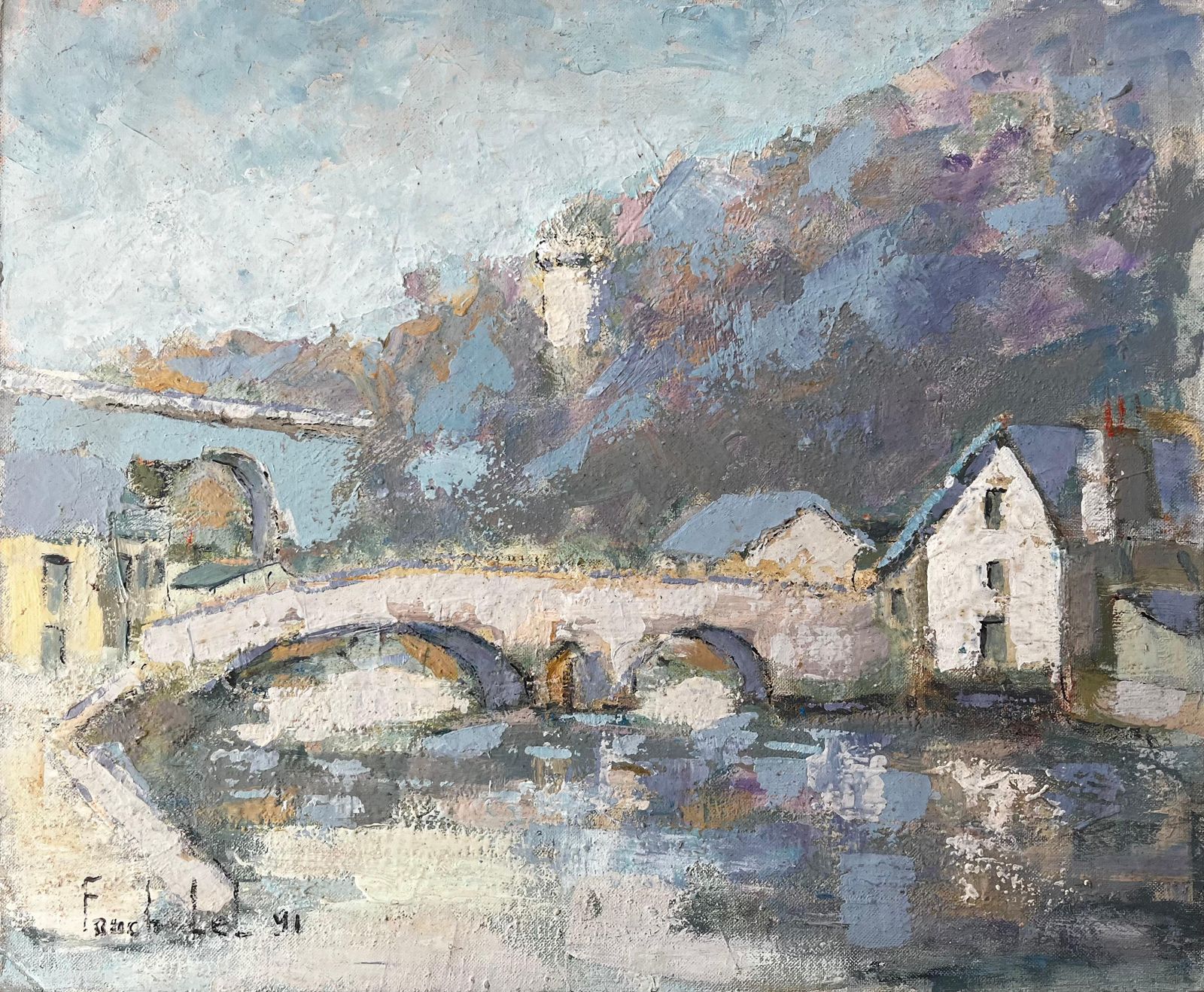 Fanch Lelfrench Riverside Village Dinan With Stone Bridge And Blue Roofs Oil Painting1991