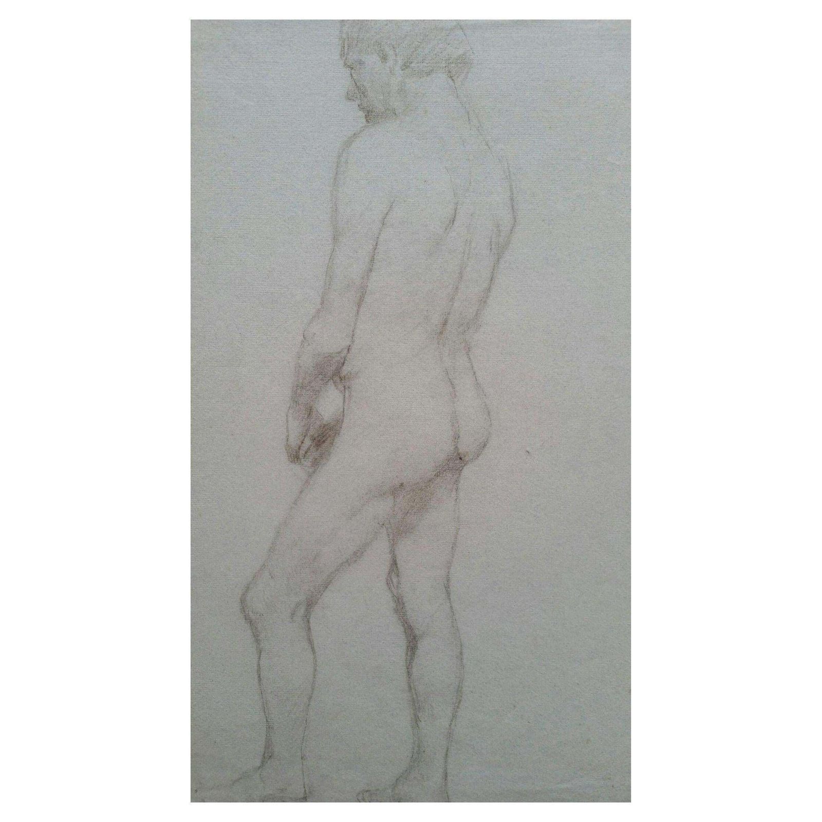 Unknownenglish Graphite Portrait Sketch Of Male Nude, Back Viewcirca 1880 1905