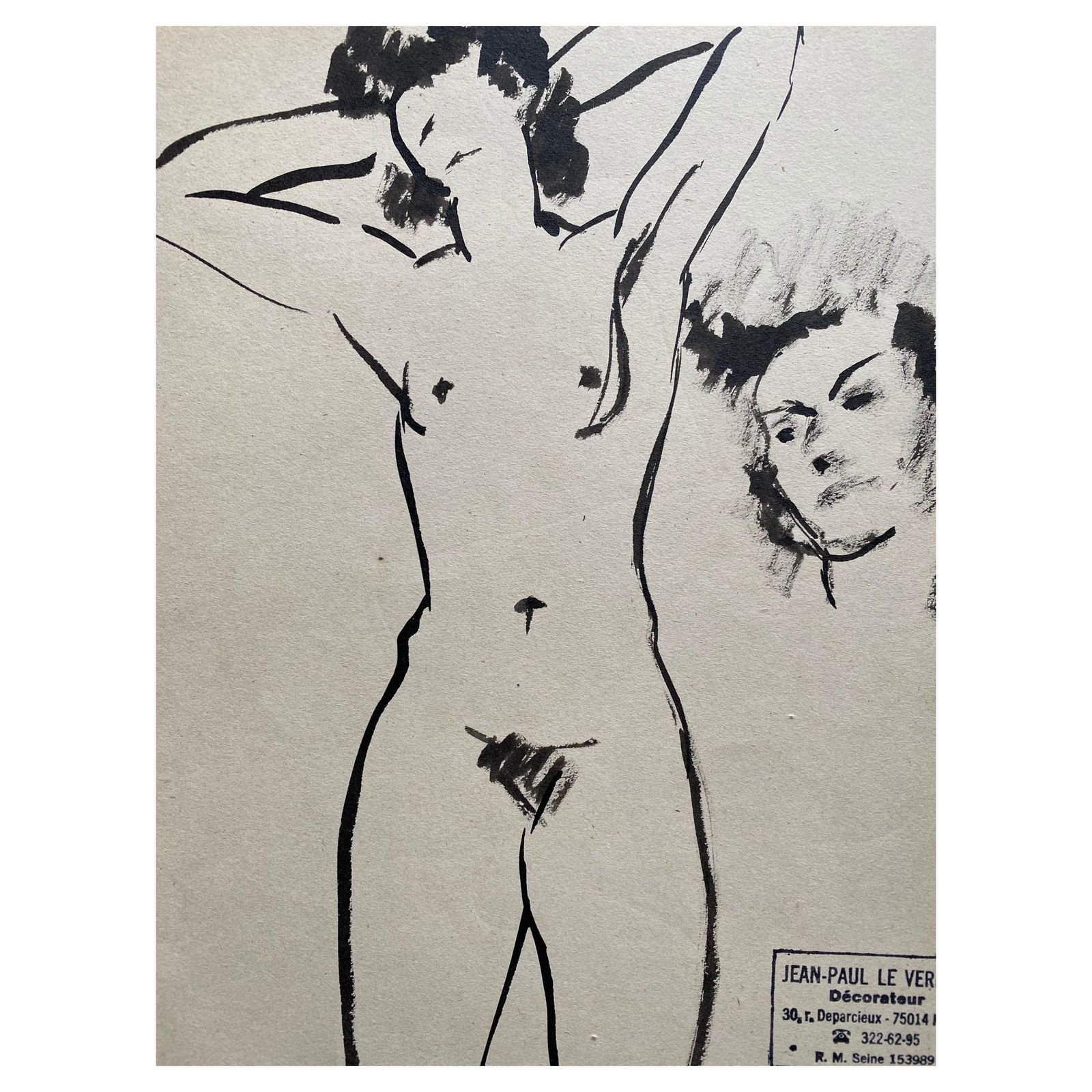 Unknownmid 20th Century French Original Line Drawing Sketch Nude Female   Stampedmid 20th Century