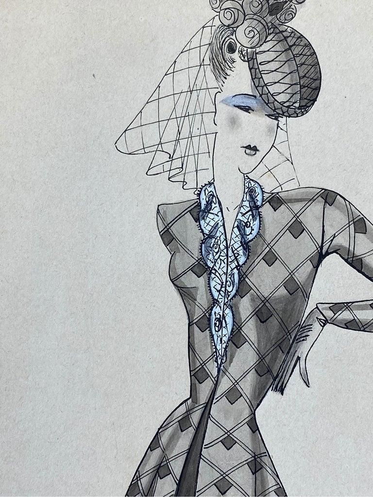 Unknown1940's French Fashion Illustration, Chic Lady In Blue Detailed Dresscirca 1940s photo for sale