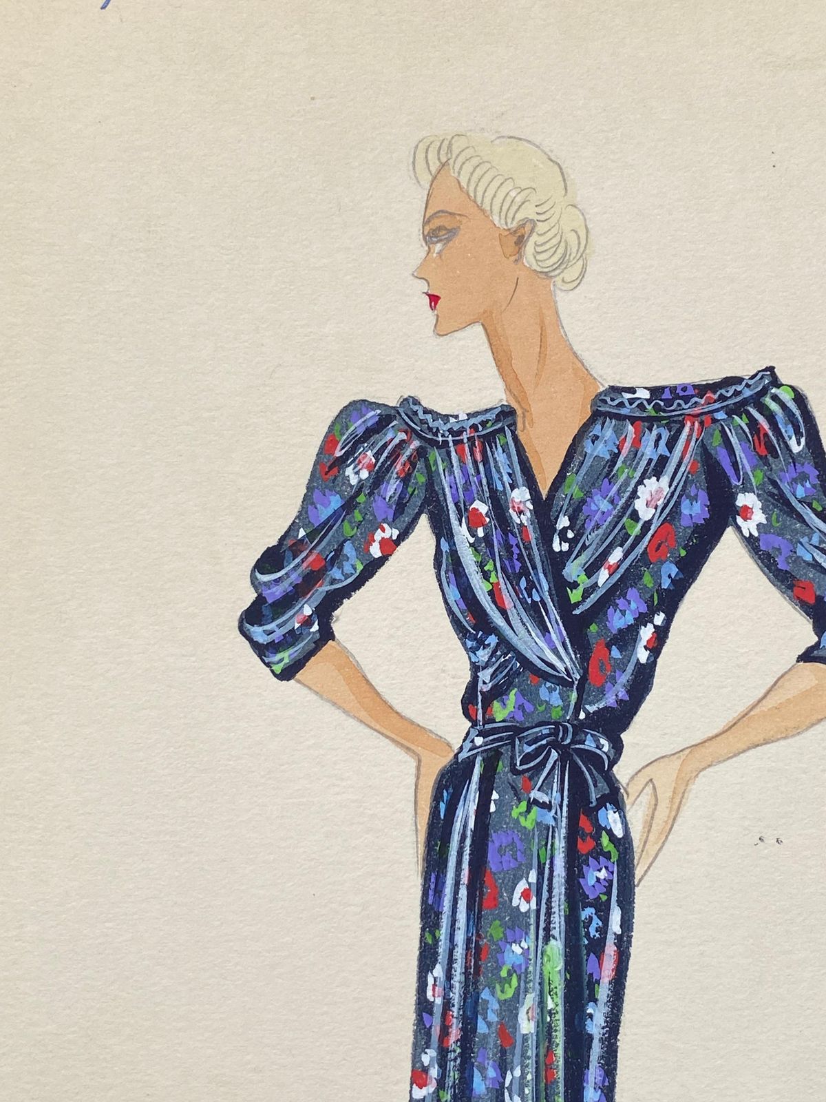 Unknown1930's Original Parisian Fashion Watercolor Blue Floral Summer Dresscirca 1930s photo vinterior