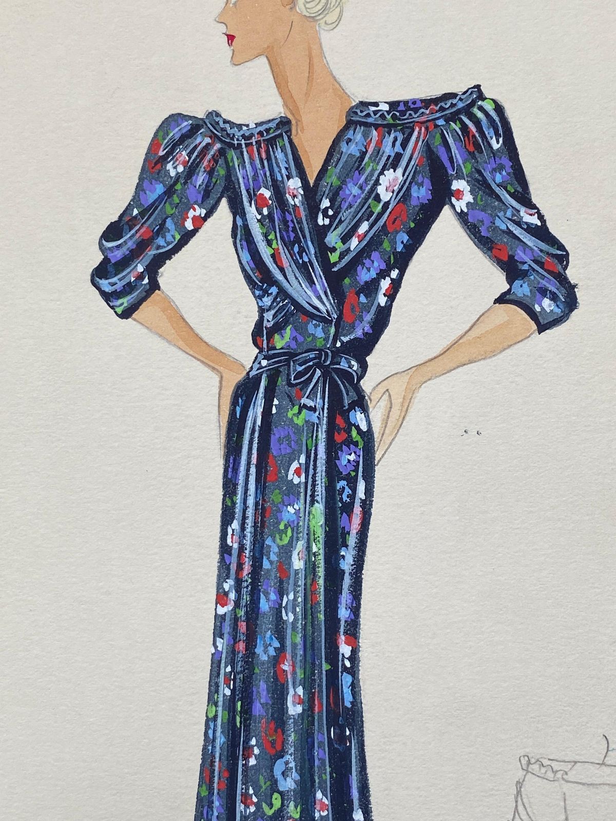 Unknown1930's Original Parisian Fashion Watercolor Blue Floral Summer Dresscirca 1930s photo buy