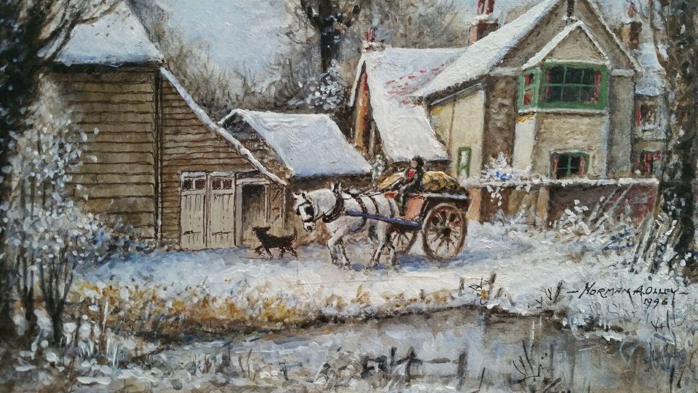 English  Schooltraditional English Painting Winter Morning Surrey Farm England Horse & Cart20th Century photo Art