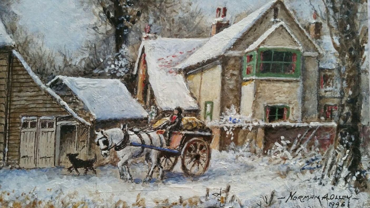 English  Schooltraditional English Painting Winter Morning Surrey Farm England Horse & Cart20th Century photo 483.0