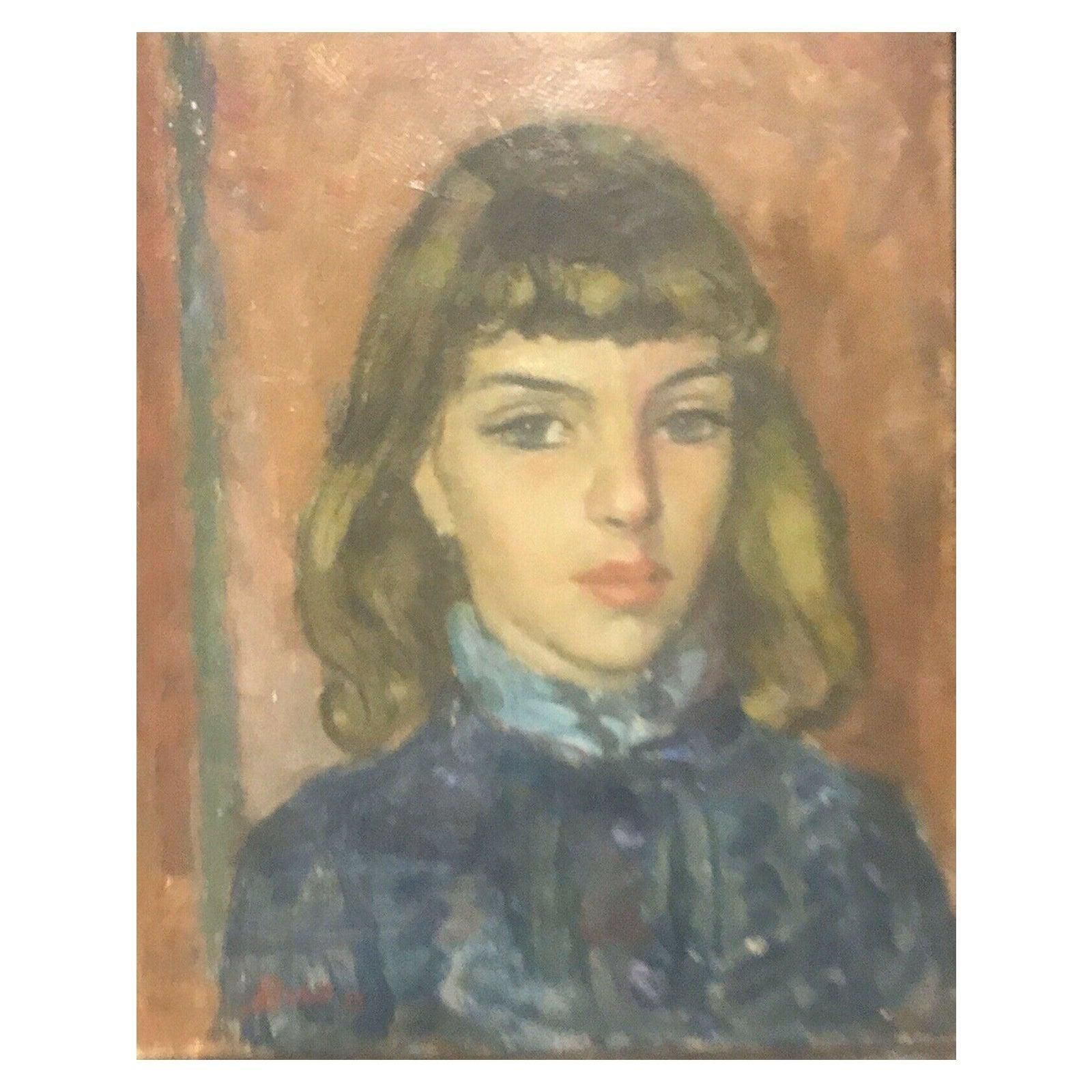 Akos Biroakos Biro French Expressionist Oil   Portrait Young Ladycirca 1950s