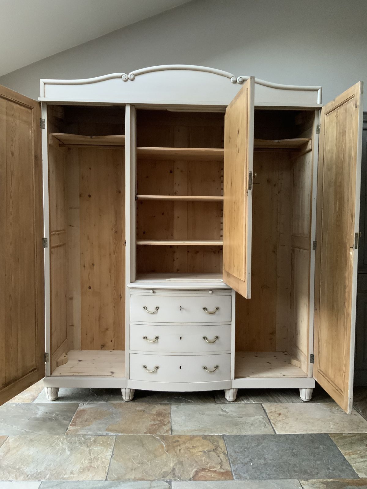Restored Vintage Knockdown Continental Triple Painted Pine Grey Wardrobe photo for sale