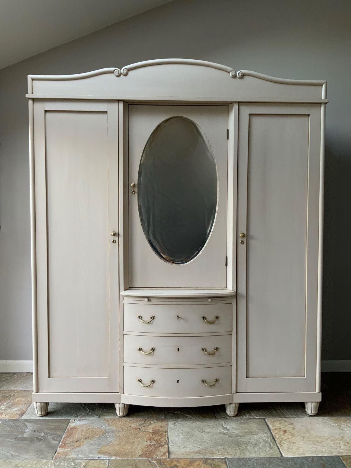 Restored Vintage Knockdown Continental Triple Painted Pine Grey Wardrobe